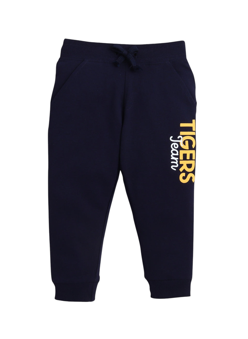 Victor And Jane Cotton Fleece Tigers Team Graphic Full Sleeves Jacket And Joggers Set With T-Shirt - Navy Blue/Yellow/White