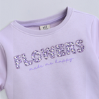victor and jane girls lavender sweatshirt with floral beaded FLOWERS text and make me happy script embroidery