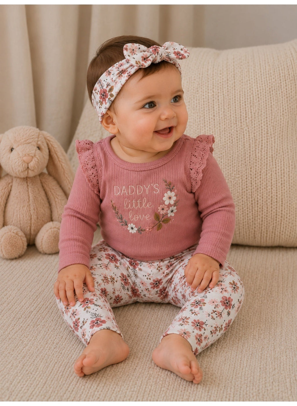 Baby Girls Long Sleeve Bodysuit and Floral Pants Set with Headband (3-Piece)