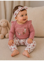 Baby Girls Long Sleeve Bodysuit and Floral Pants Set with Headband (3-Piece)