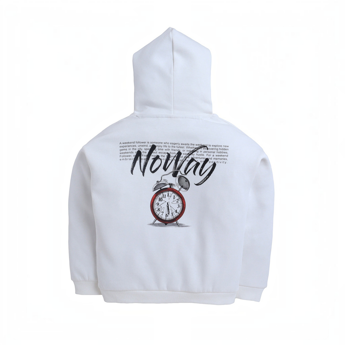 victor and jane boys white hooded sweatshirt featuring a red alarm clock graphic and text on the back