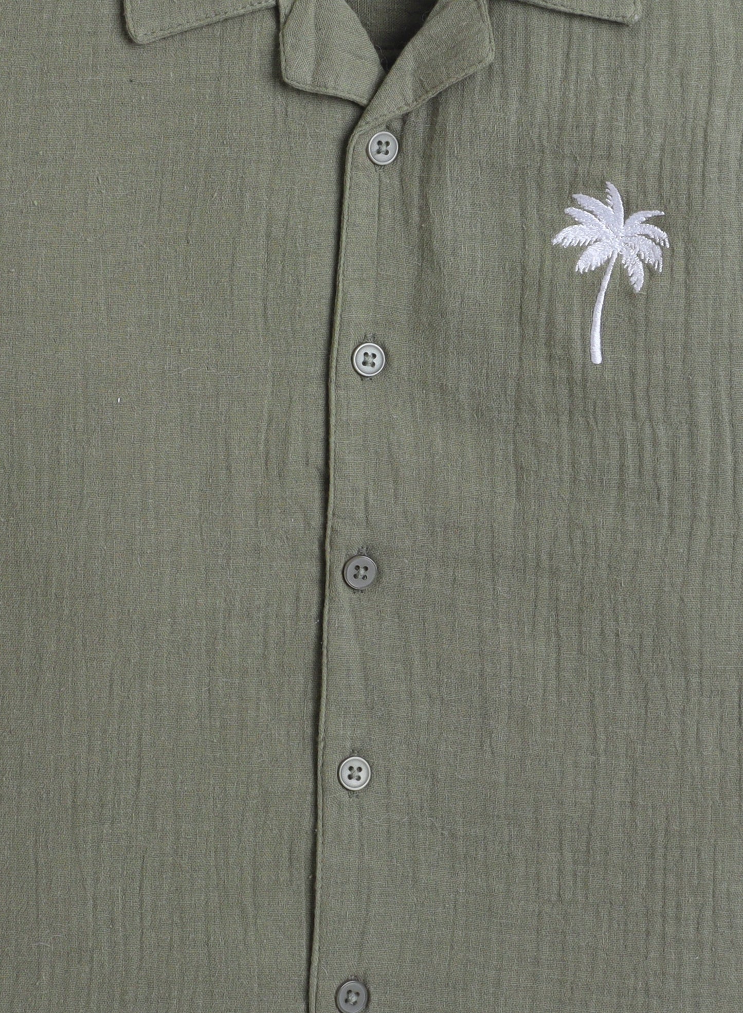 Boys' Casual Cotton Shirt & Shorts Set with pocket Embroidery Motif – Short Sleeve Outfit - Olive