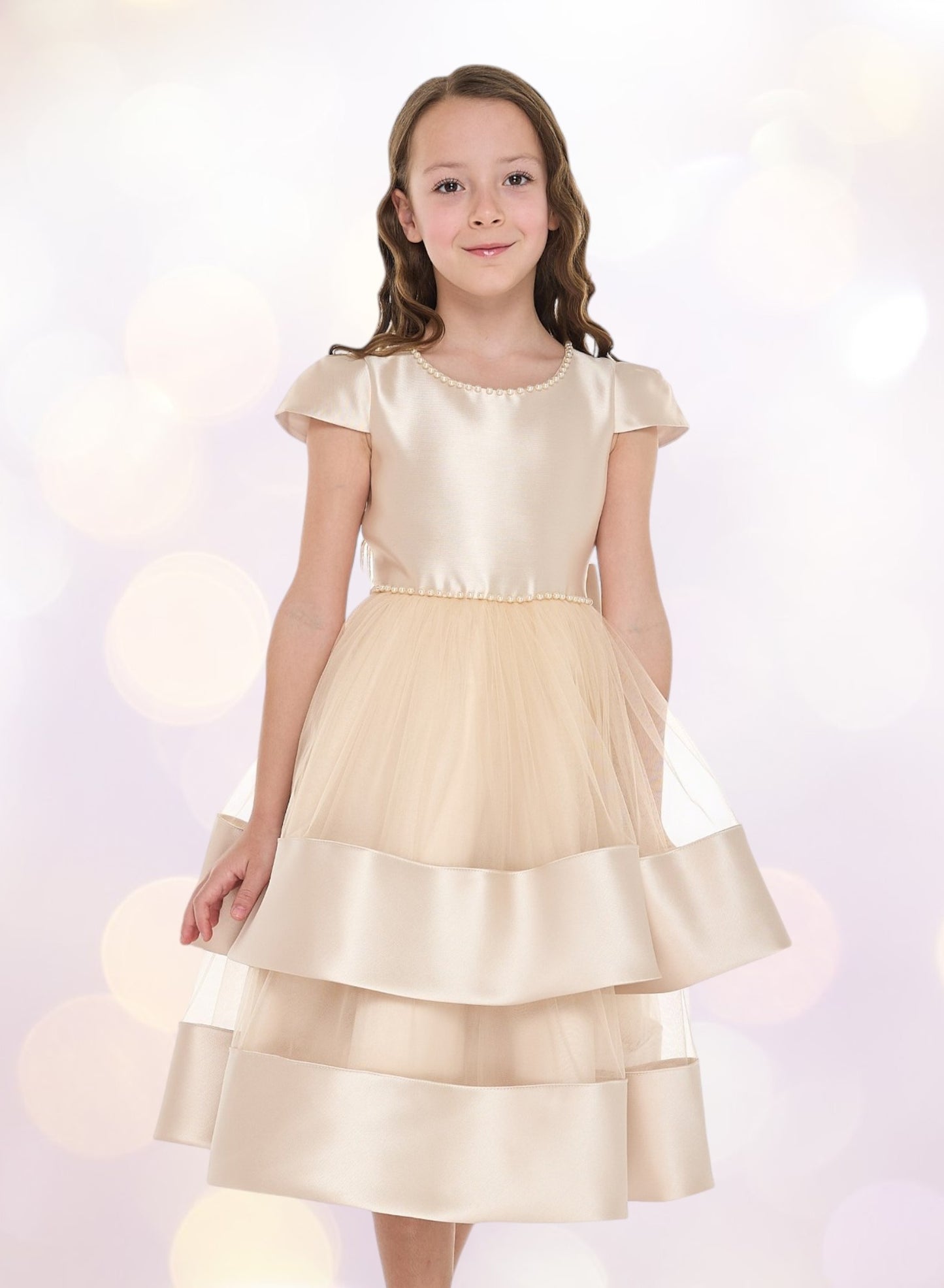 Chic Champagne Satin  Party Dress With Mesh & Decoration