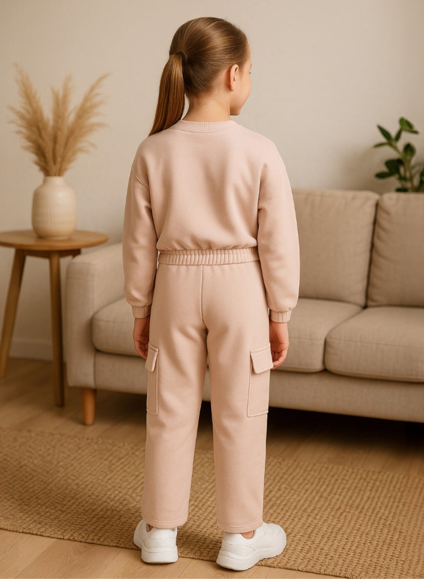 Girls Cargo Pocket Fleece Tracksuit “ Pink 2-Piece Set