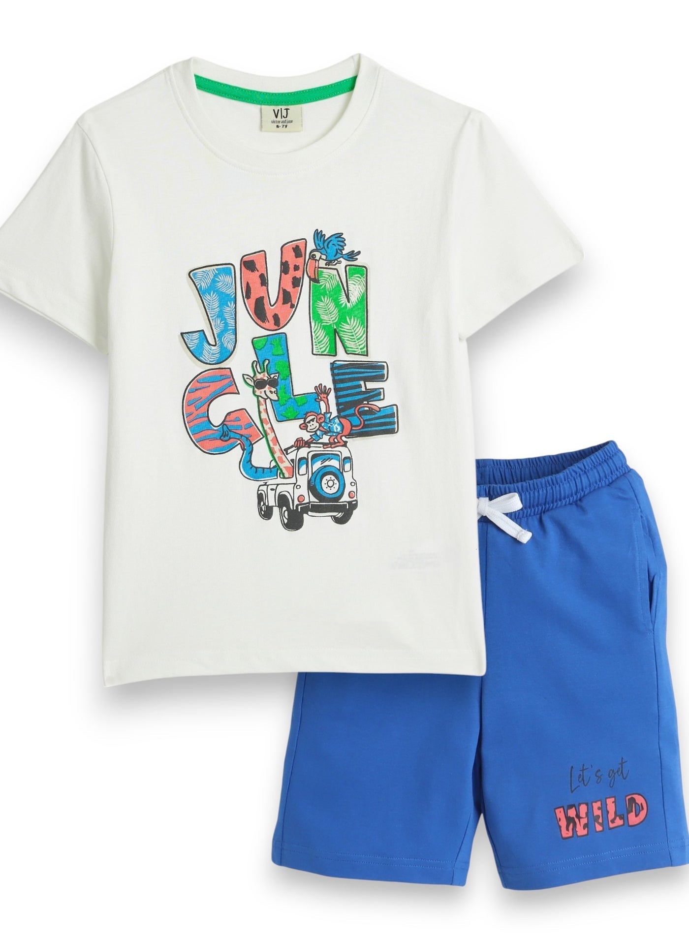 Victor and Jane JR Boys' 2PC Set – Jungle Safari & Day Adventure Theme, White Colour, Comfortable for Summer Wear, 2-3YRS