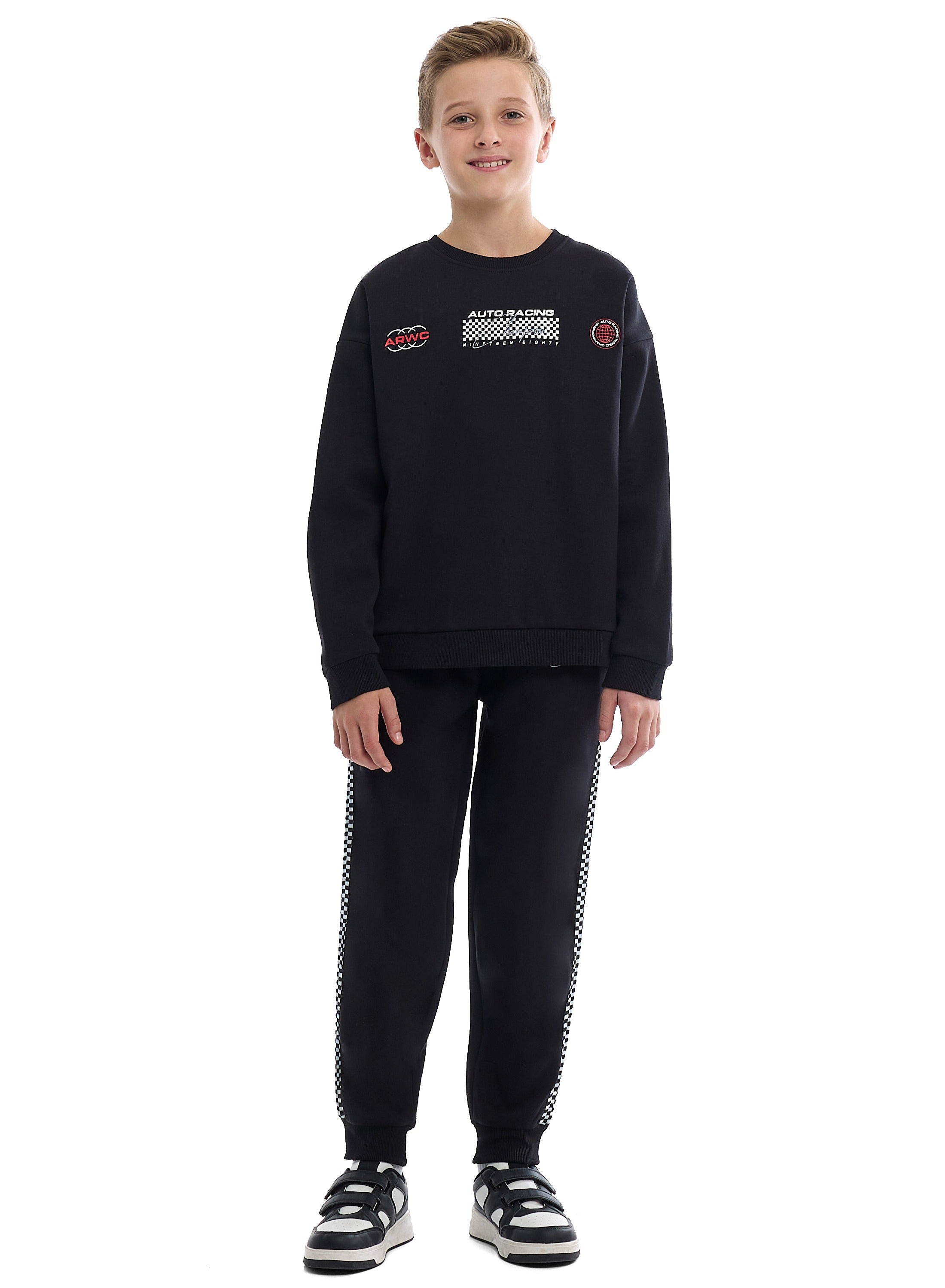 Kids Black Pullover Hoodie & Joggers Set With Œworld Explorer” Logo