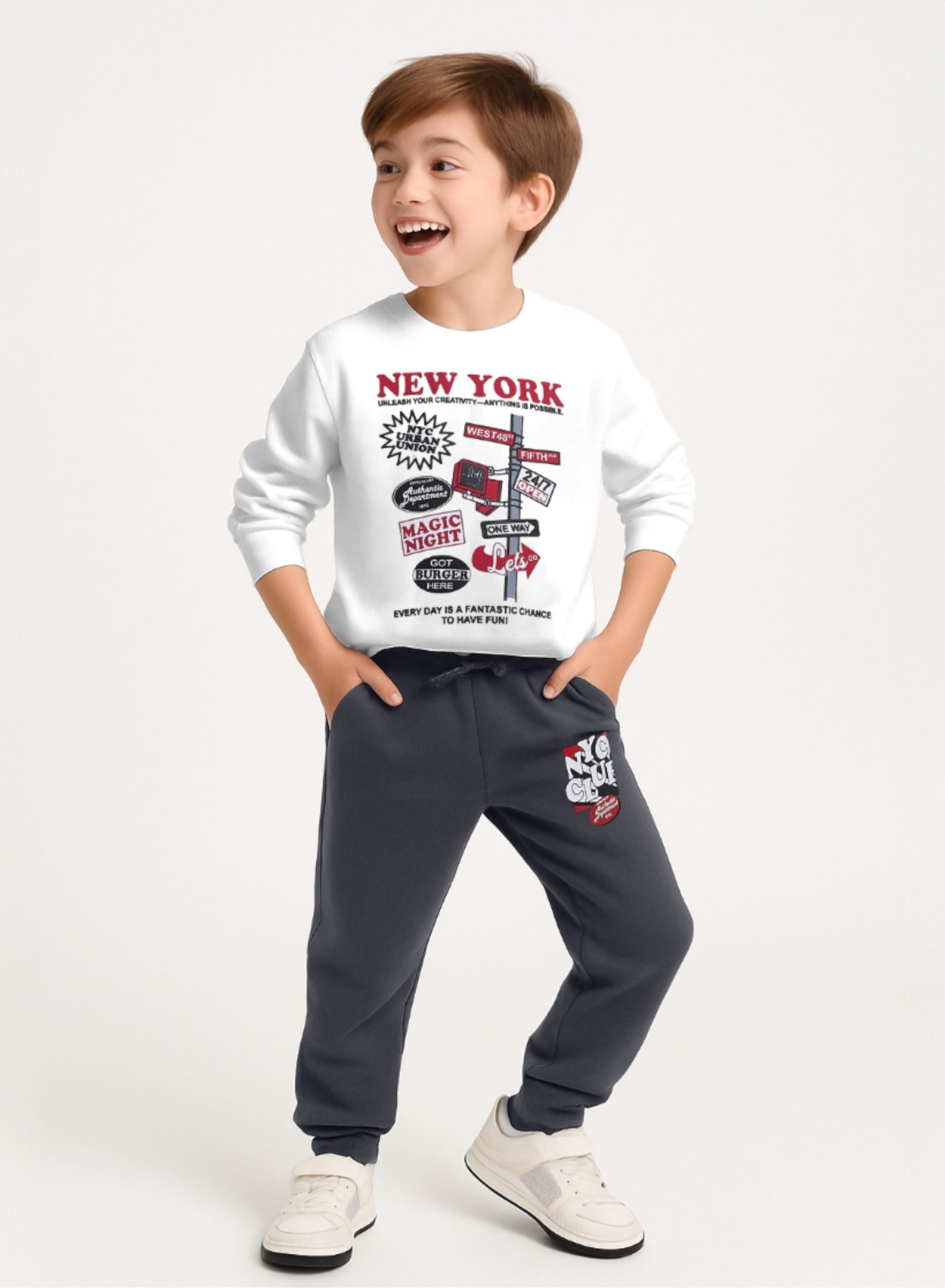 Boys’ Cozy Fleece Tracksuit – Off White Sweatshirt & Grey Joggers