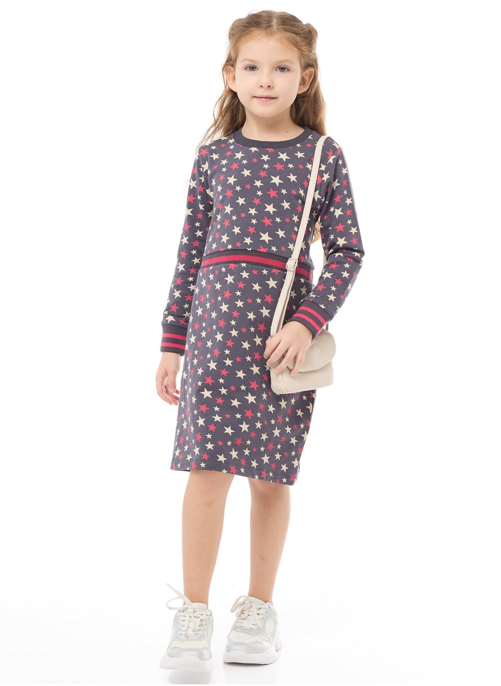 Silver Print Star Dress With Matching Waist Rib- Girls Dress