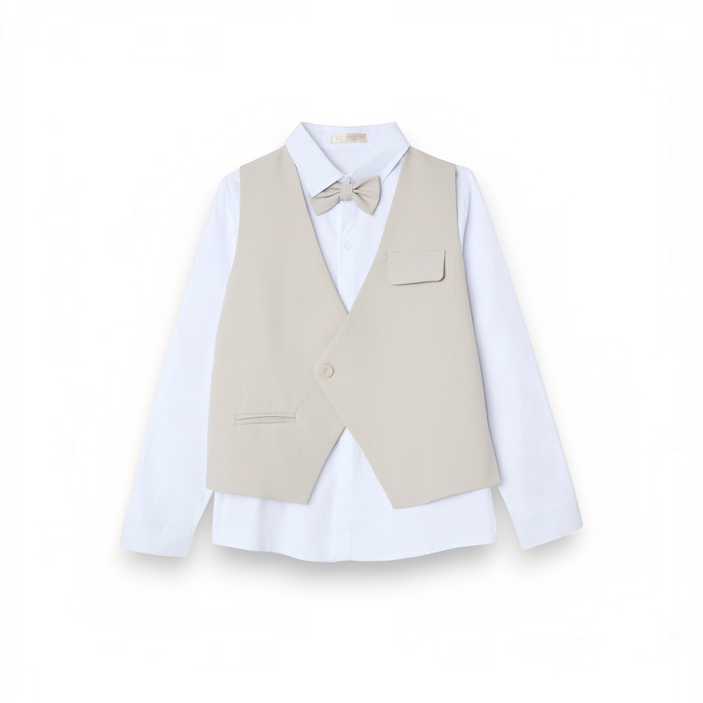 victor and jane boys 4-piece formal set featuring a crisp white long-sleeve shirt, beige waistcoat, and matching bow tie