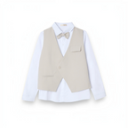 victor and jane boys 4-piece formal set featuring a crisp white long-sleeve shirt, beige waistcoat, and matching bow tie
