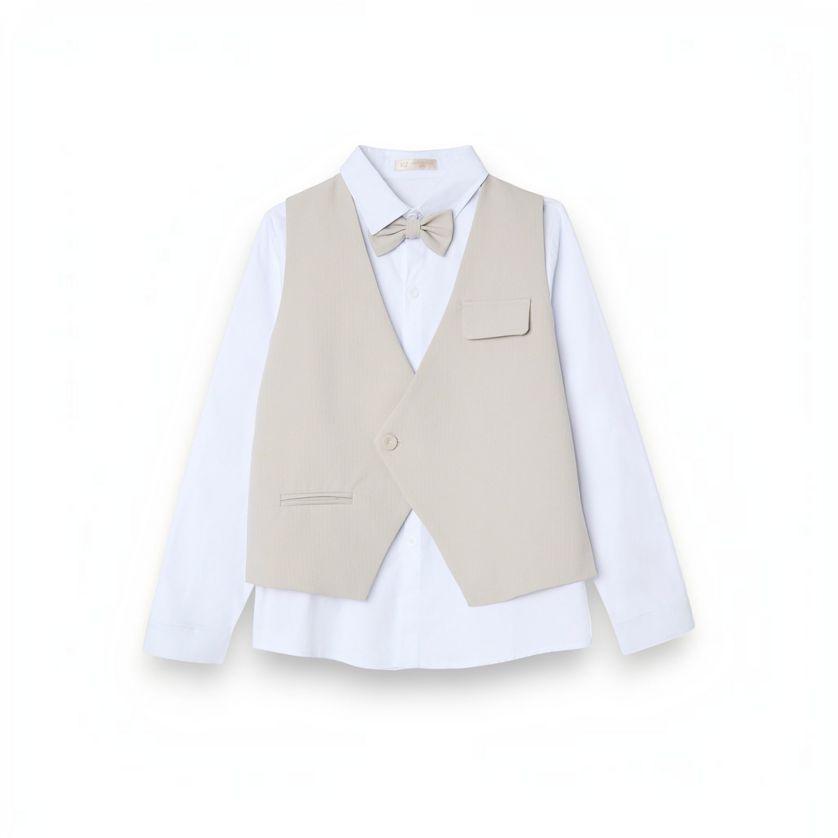victor and jane boys 4-piece formal set featuring a crisp white long-sleeve shirt, beige waistcoat, and matching bow tie