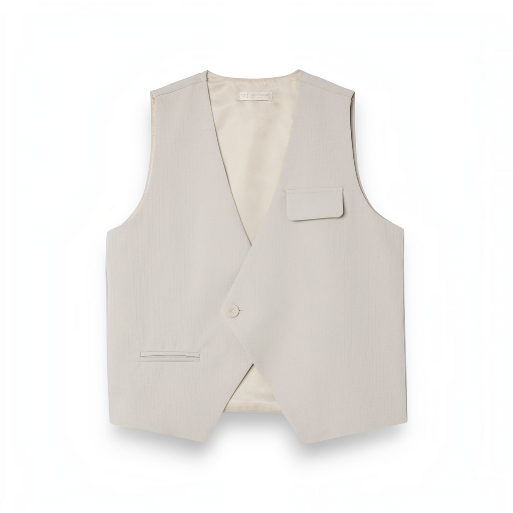 victor and jane boys beige pinstripe waistcoat with a single button closure and chest pocket