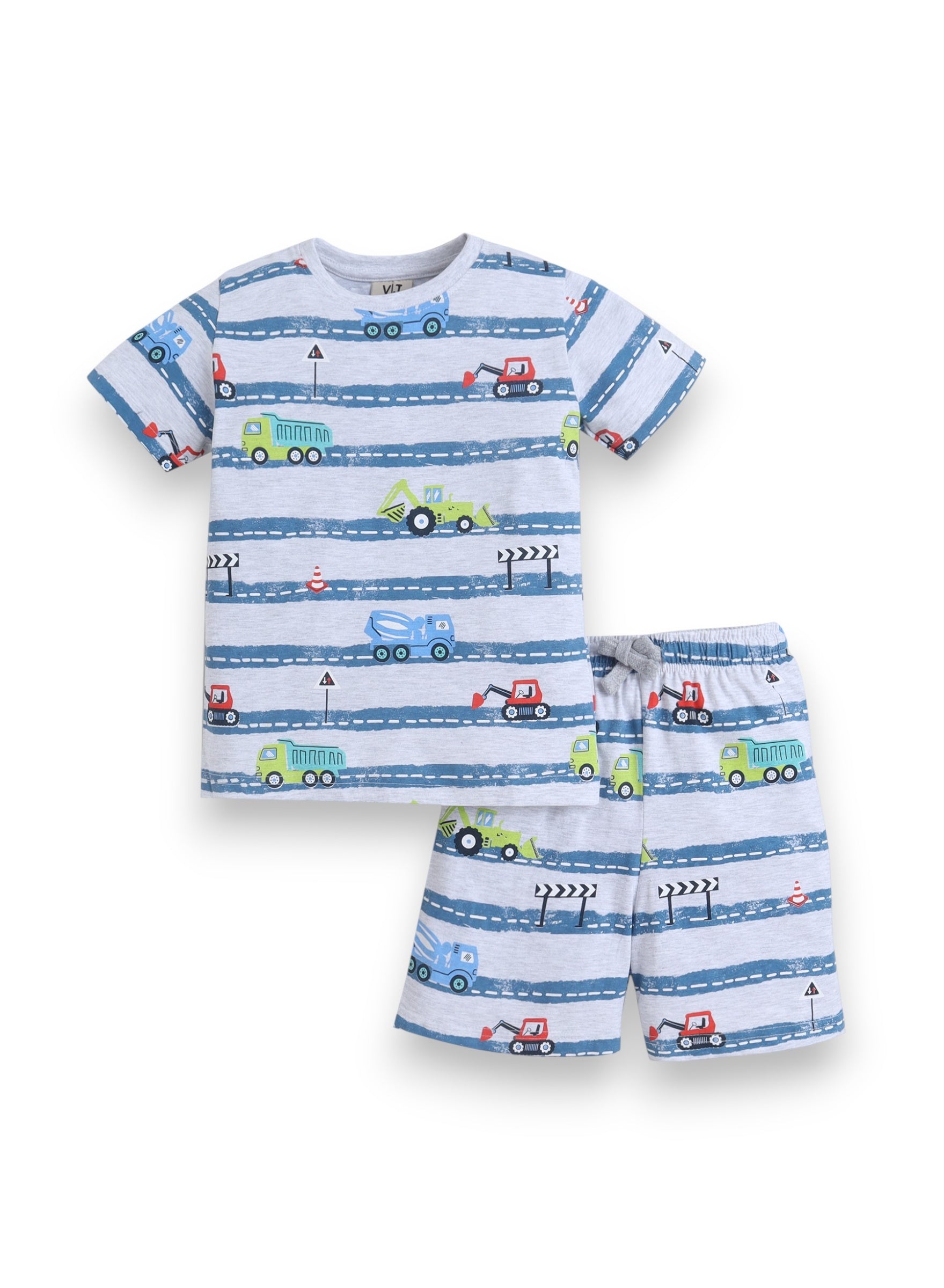 Boys Vehicle Stripe Print Cotton Pajama Set “ T-Shirt & Shorts Nightwear
