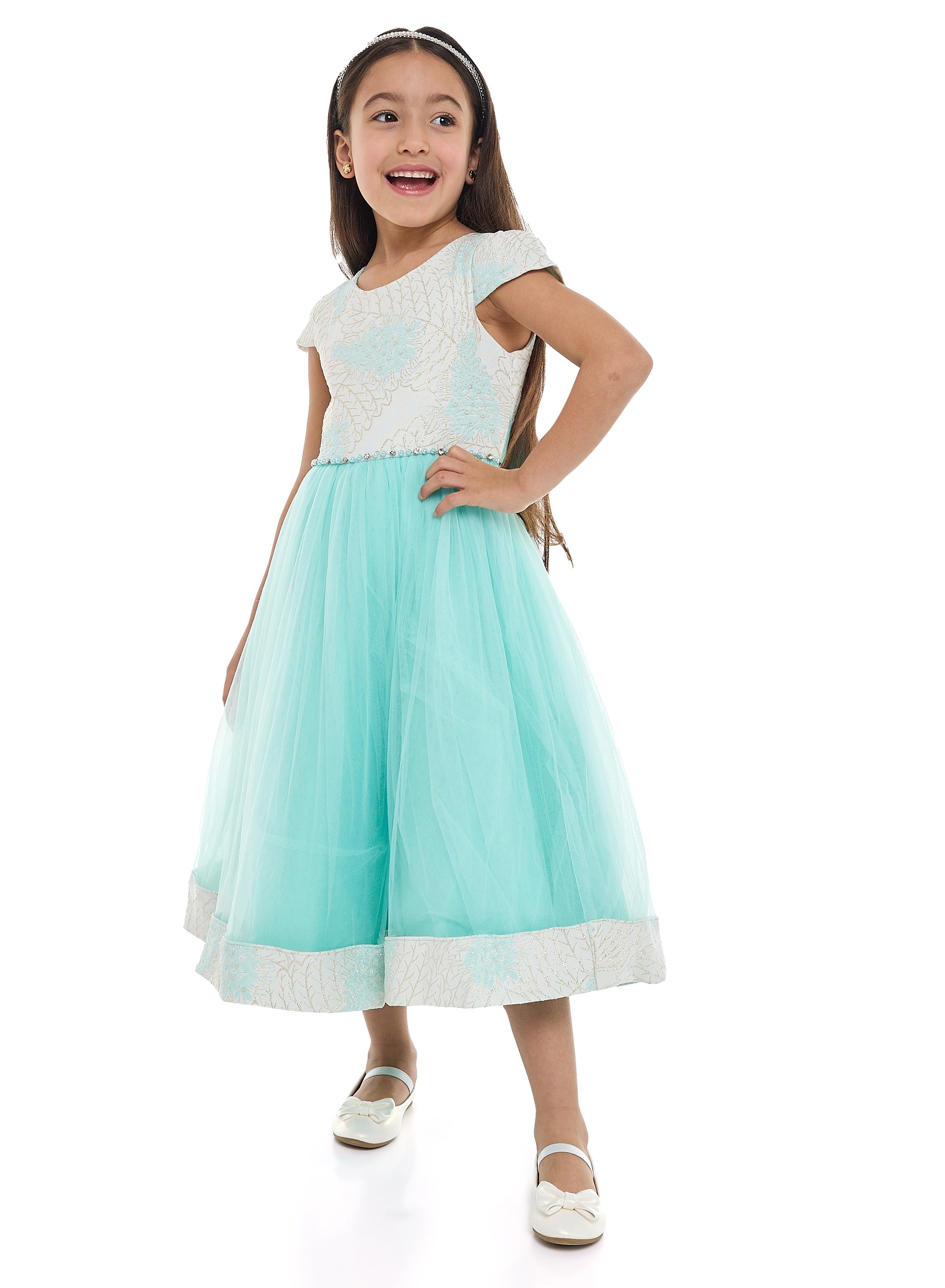 Girls Mint Jacquard & Tulle Dress