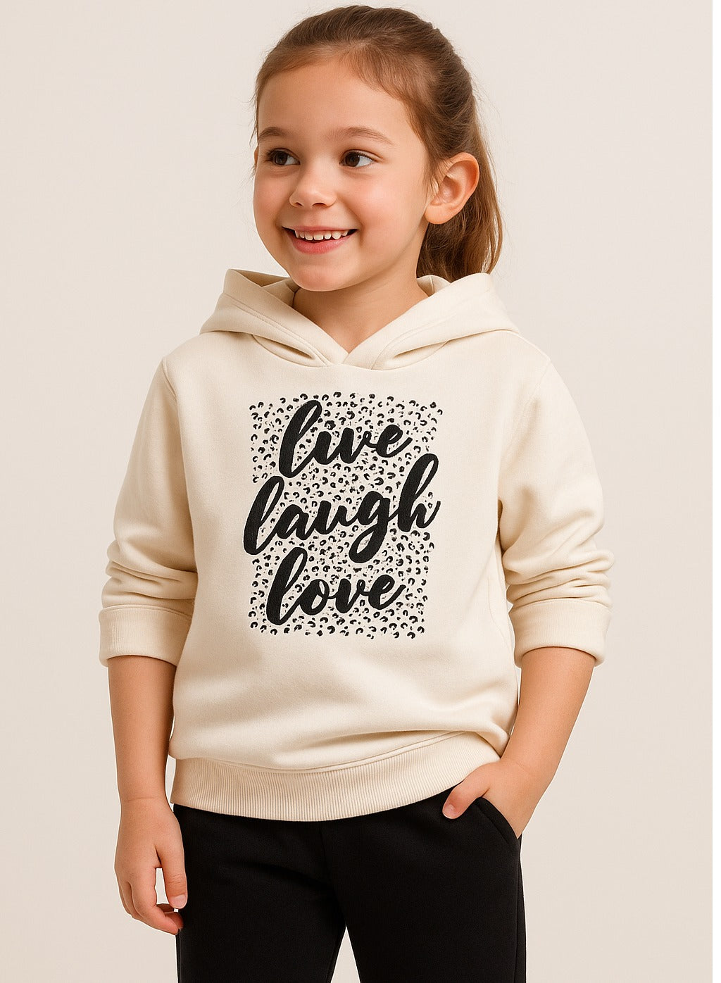 Girls Œlive Laugh Love” Glitter Fleece Hoodie “ Cream