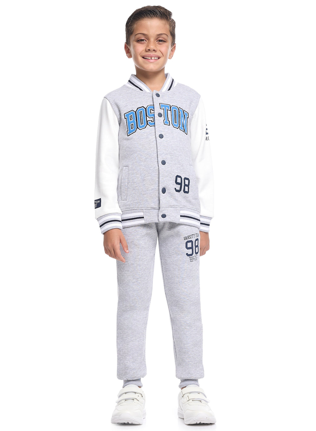 Victor And Jane Cotton Boston 98 Printed Full Sleeves Varsity Jacket & Joggers Co-Ord Set - Grey