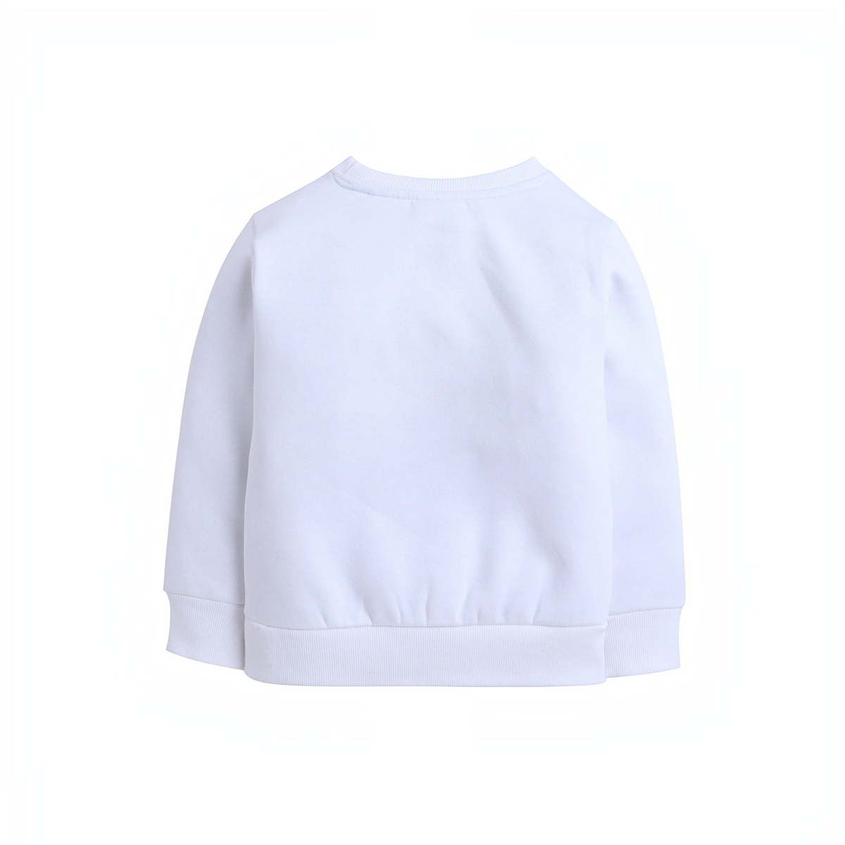 Back view of a plain white cotton long-sleeve sweatshirt by victor and jane with ribbed cuffs and hem.