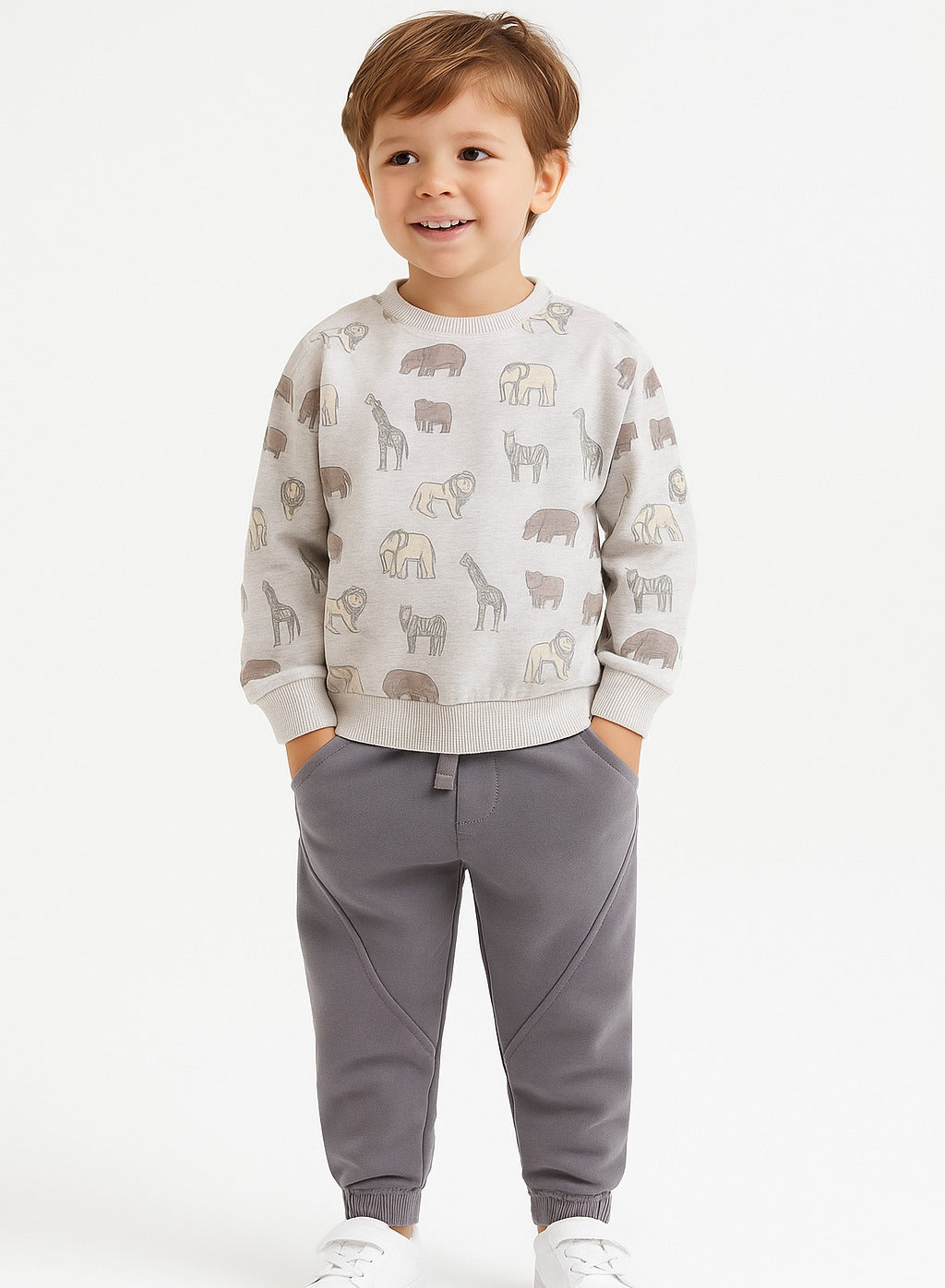 Boys Safari Print Fleece Tracksuit – Sand & Heather Grey 2-Piece Set