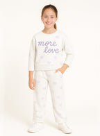 Girls More Love Heart-Print Fleece Tracksuit “ Cream & Lavender 2-Piece Set