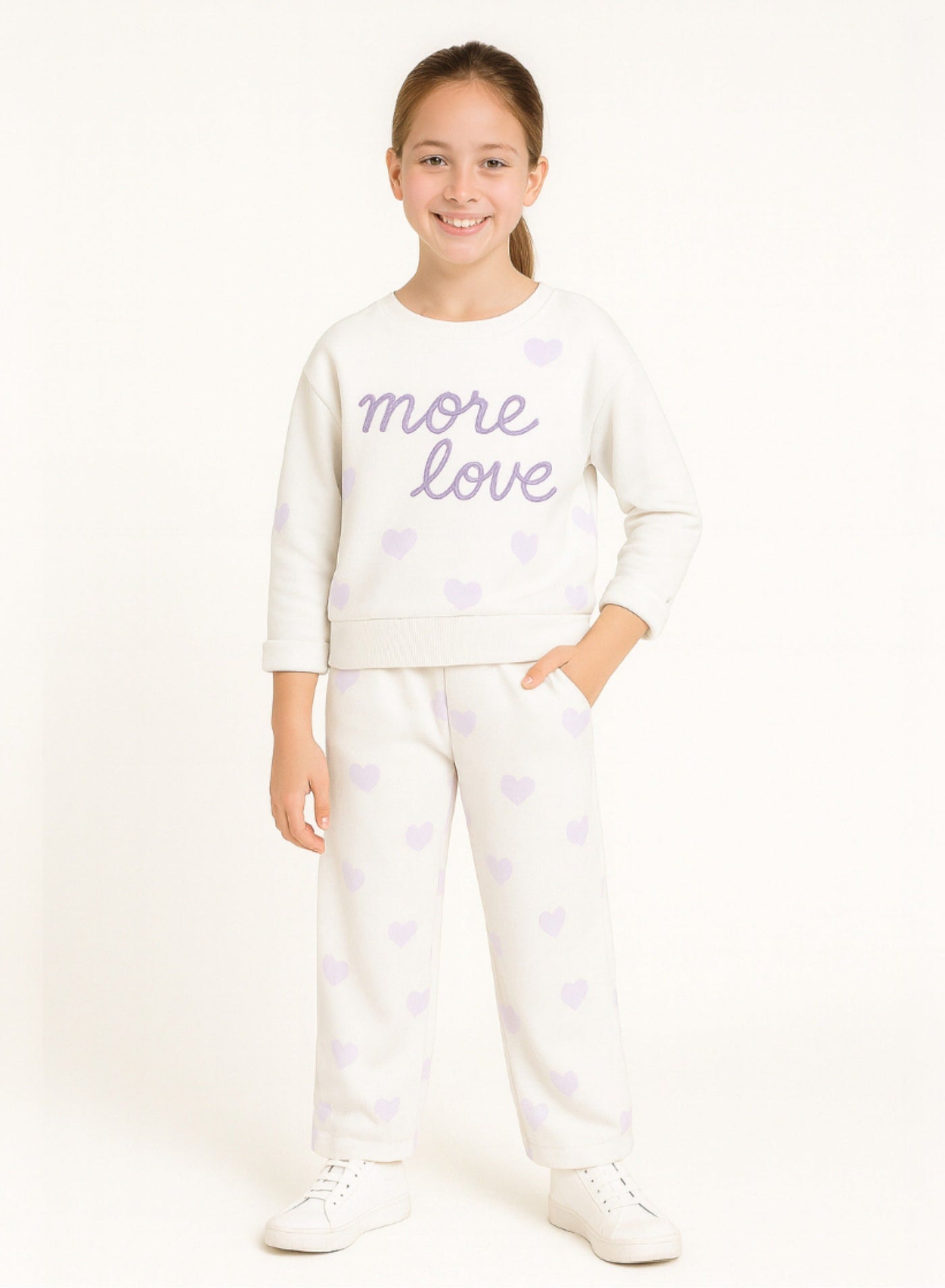 Girls More Love Heart-Print Fleece Tracksuit “ Cream & Lavender 2-Piece Set