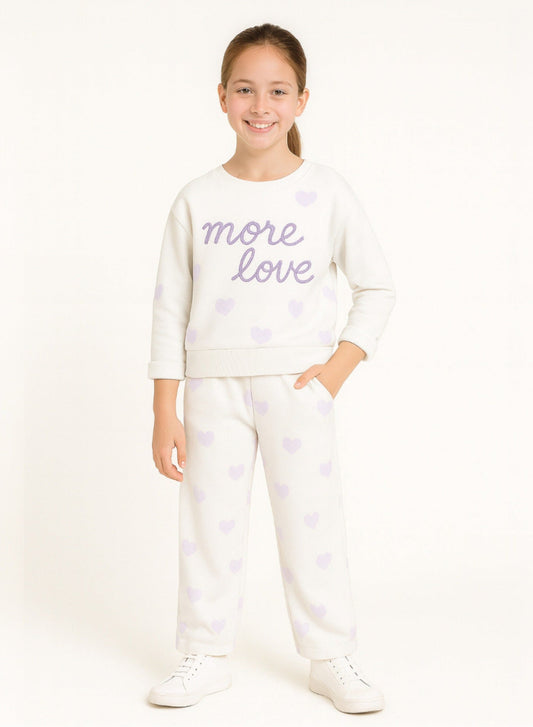 Girls More Love Heart-Print Fleece Tracksuit – Cream & Lavender 2-Piece Set