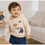 victor and jane boys 2-piece set featuring a beige hoodie with embroidered basketball bears and blue denim pants