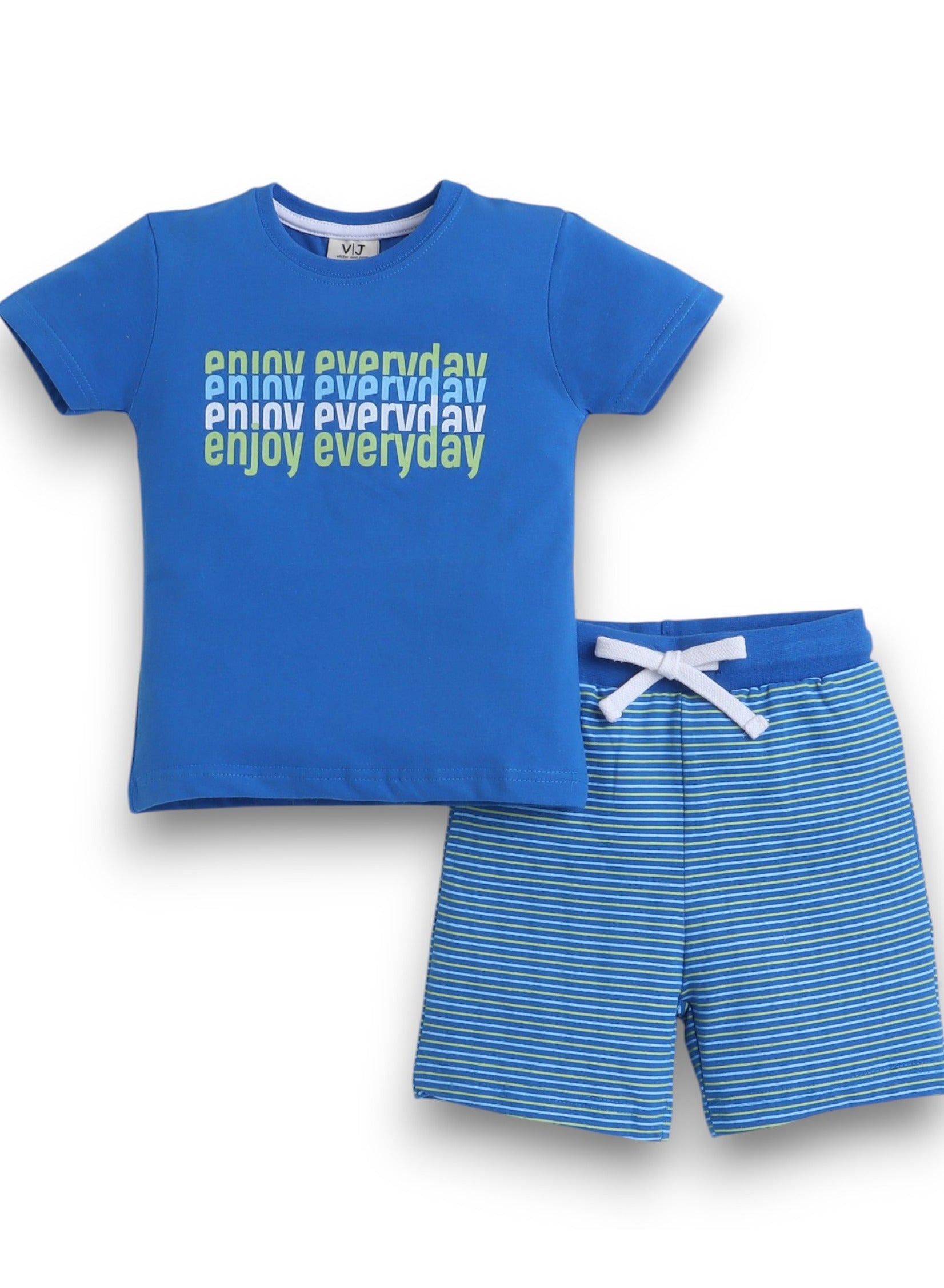 Victor And Jane - Printed T-Shirt And Stripes Shorts Pyjama Set