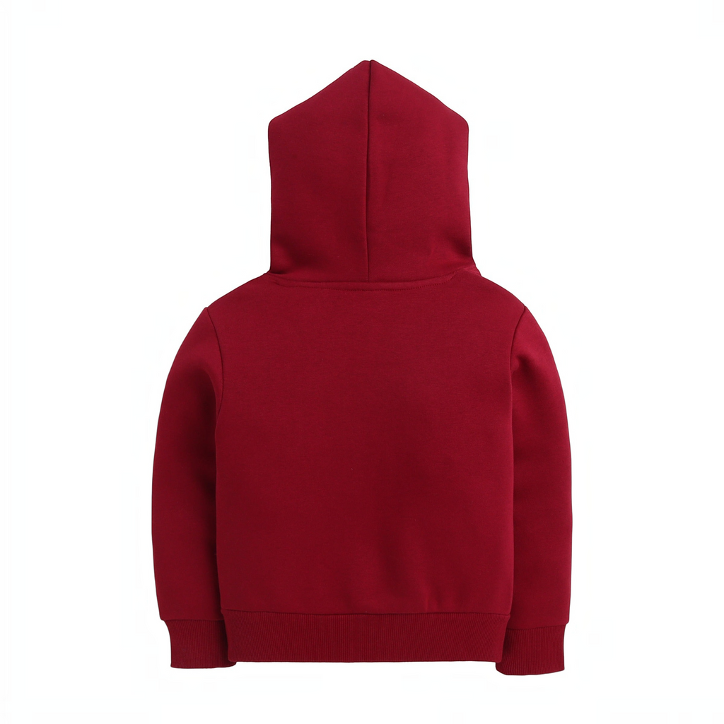 Back view of a plain deep red girls hoodie by victor and jane with a comfortable hood and ribbed cuffs