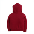 Back view of a plain deep red girls hoodie by victor and jane with a comfortable hood and ribbed cuffs