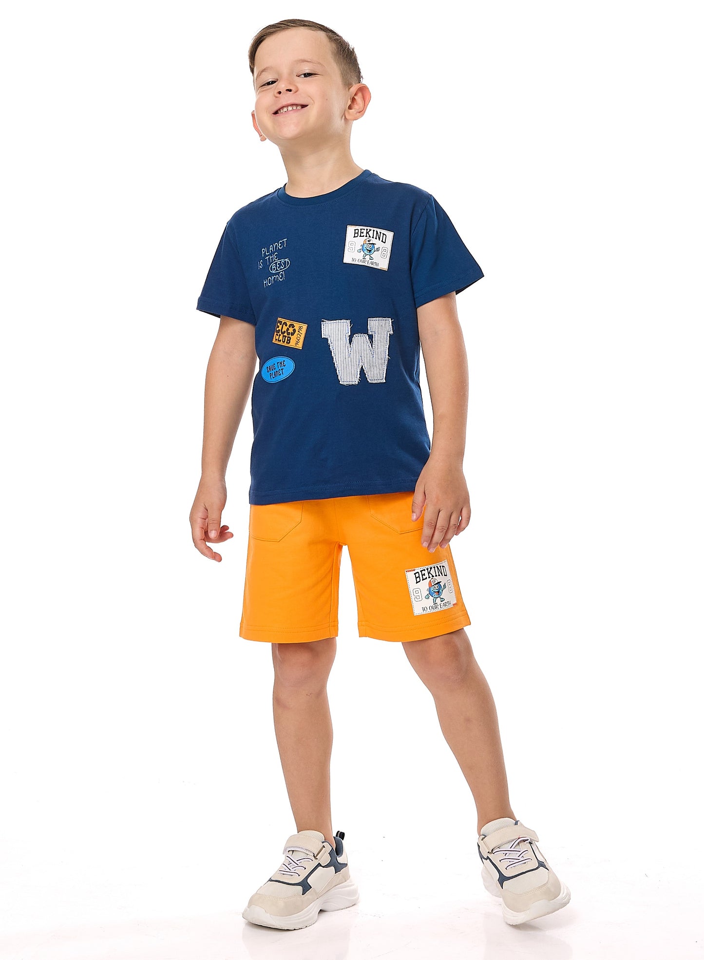 Victor and Jane Cotton Round Neck T-Shirt & Shorts Set with label deatail - Blue And Orange