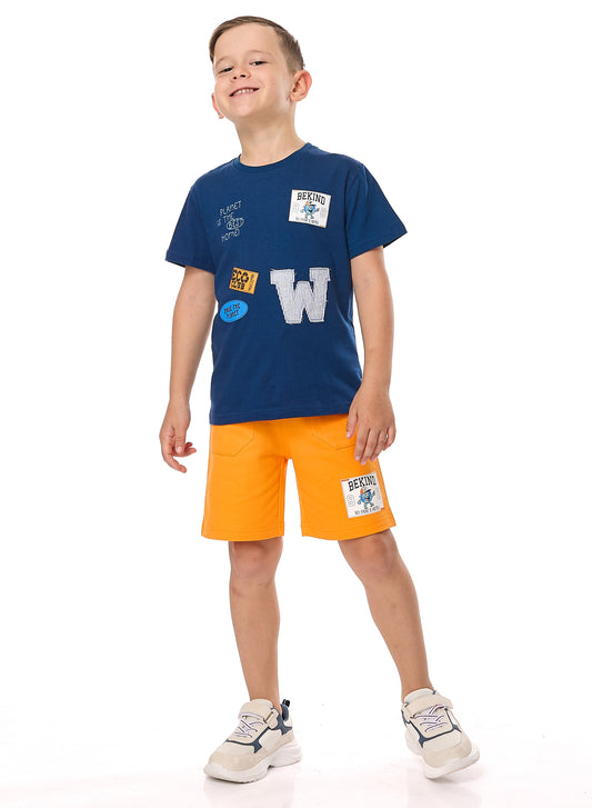 Victor and Jane Cotton Round Neck T-Shirt & Shorts Set with label deatail - Blue And Orange
