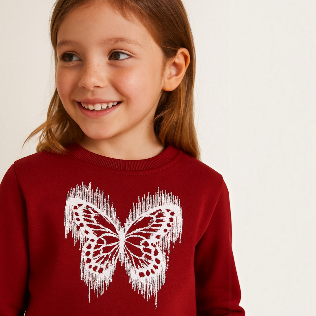 Young girl wearing a deep red victor and jane sweatshirt featuring a white distressed butterfly graphic print