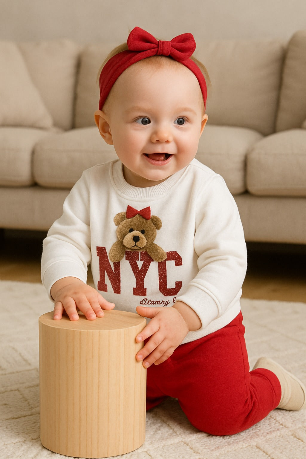 Baby Girl NYC Bear Fleece Tracksuit – Cream & Red 2-Piece Set