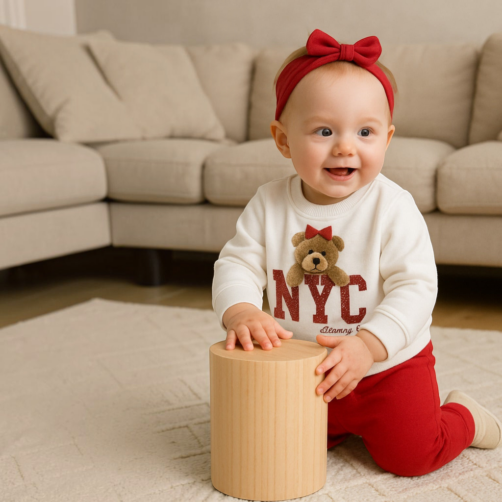 victor and jane 2-piece baby girl set with white NYC bear sweatshirt and red leggings, worn with a matching bow