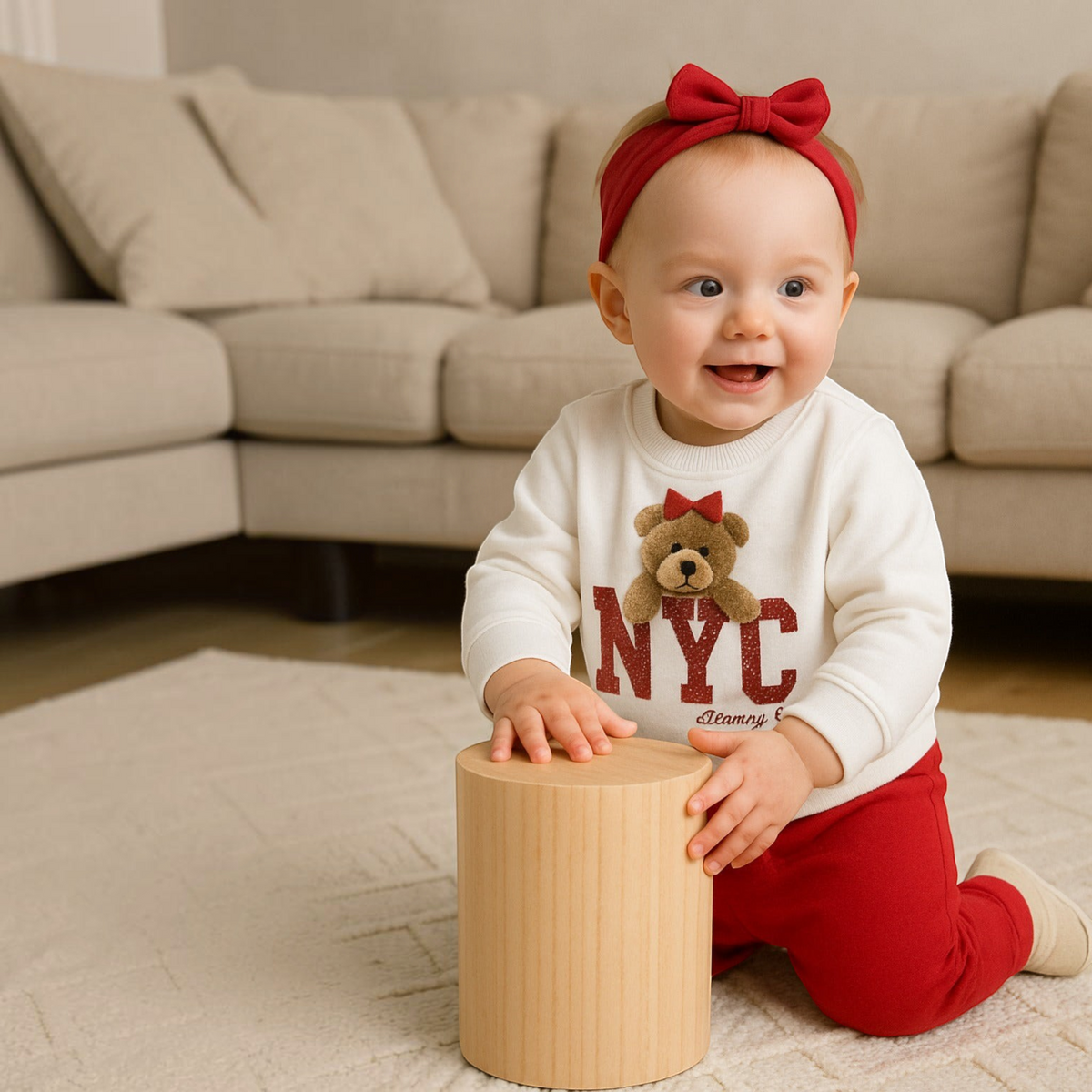victor and jane 2-piece baby girl set with white NYC bear sweatshirt and red leggings, worn with a matching bow