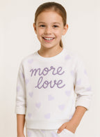 Girls More Love Heart-Print Fleece Tracksuit “ Cream & Lavender 2-Piece Set