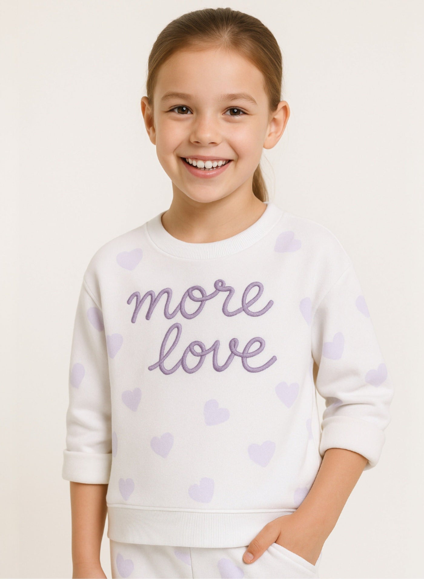 Girls More Love Heart-Print Fleece Tracksuit – Cream & Lavender 2-Piece Set
