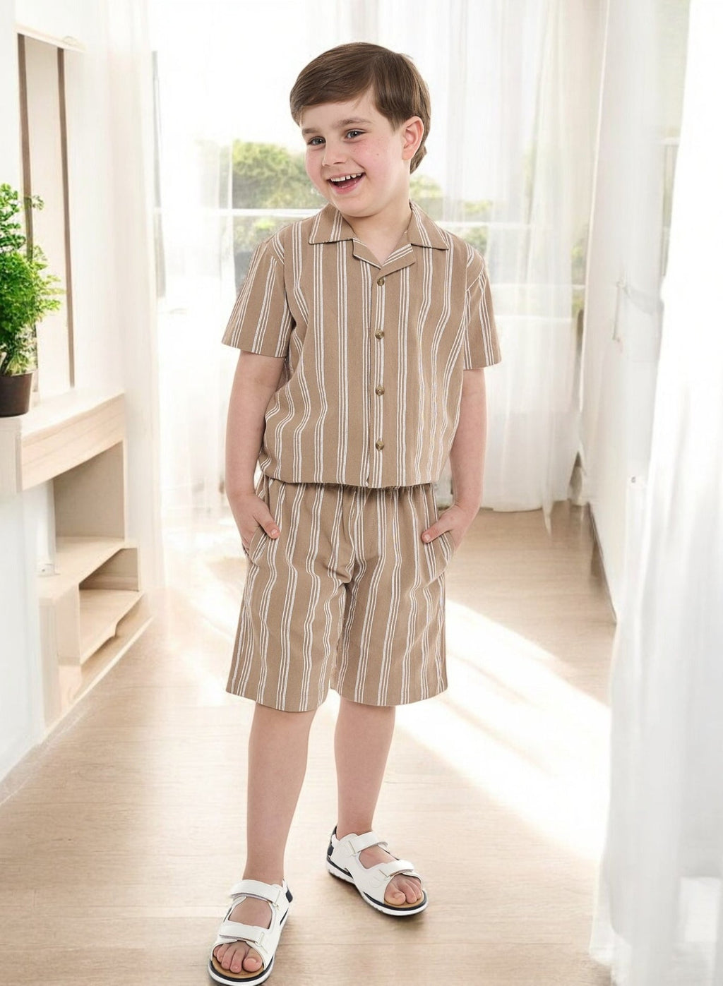 Victor And Jane Boys' Casual Cotton Shirt & Shorts Set “ Short Sleeve Outfit - Beige