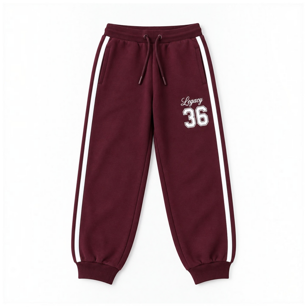 victor and jane girls burgundy fleece jogger pants with white side stripes and Legacy 36 graphic print