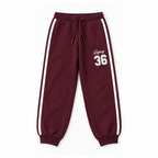 victor and jane girls burgundy fleece jogger pants with white side stripes and Legacy 36 graphic print