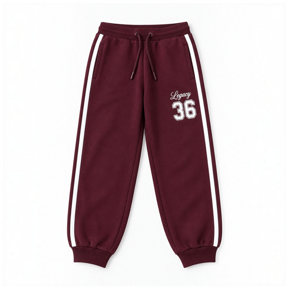 victor and jane girls burgundy fleece jogger pants with white side stripes and Legacy 36 graphic print