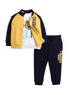 Victor And Jane Cotton Fleece Tigers Team Graphic Full Sleeves Jacket And Joggers Set With T-Shirt - Navy Blue/Yellow/White