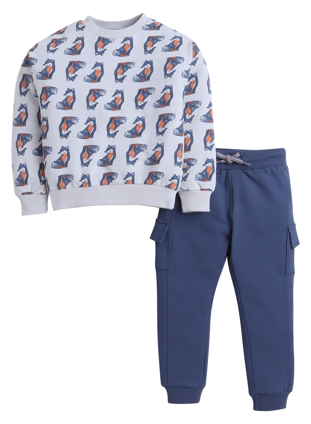 Dirkje Fox Printed Full Sleeves Sweatshirt & Joggers Set - White/Blue