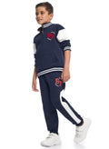 Victor And Jane Cotton Sf Patch & Printed Full Sleeves Zip Up Varsity Sweatshirt & Joggers Co-Ord Set - Navy Blue & White