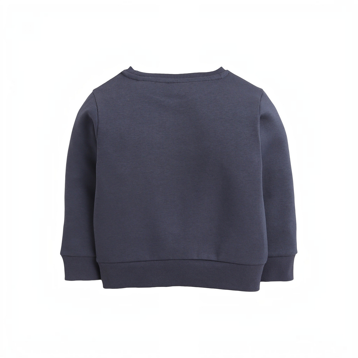 Back view of a grey cotton sweatshirt by victor and jane with ribbed cuffs and hem.