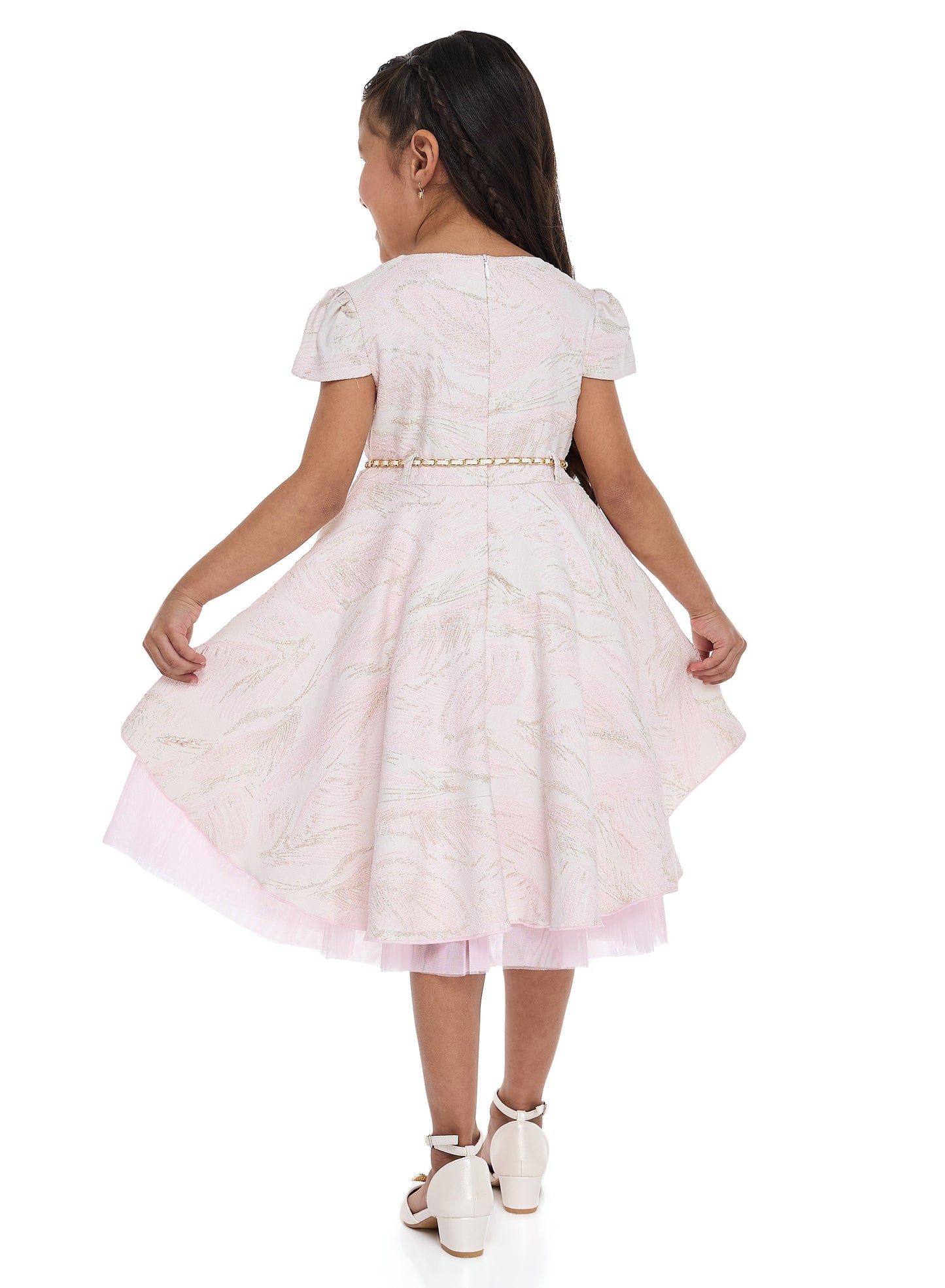 Girls Chic Pink/Gold Jacquard & Tulle Party Dress