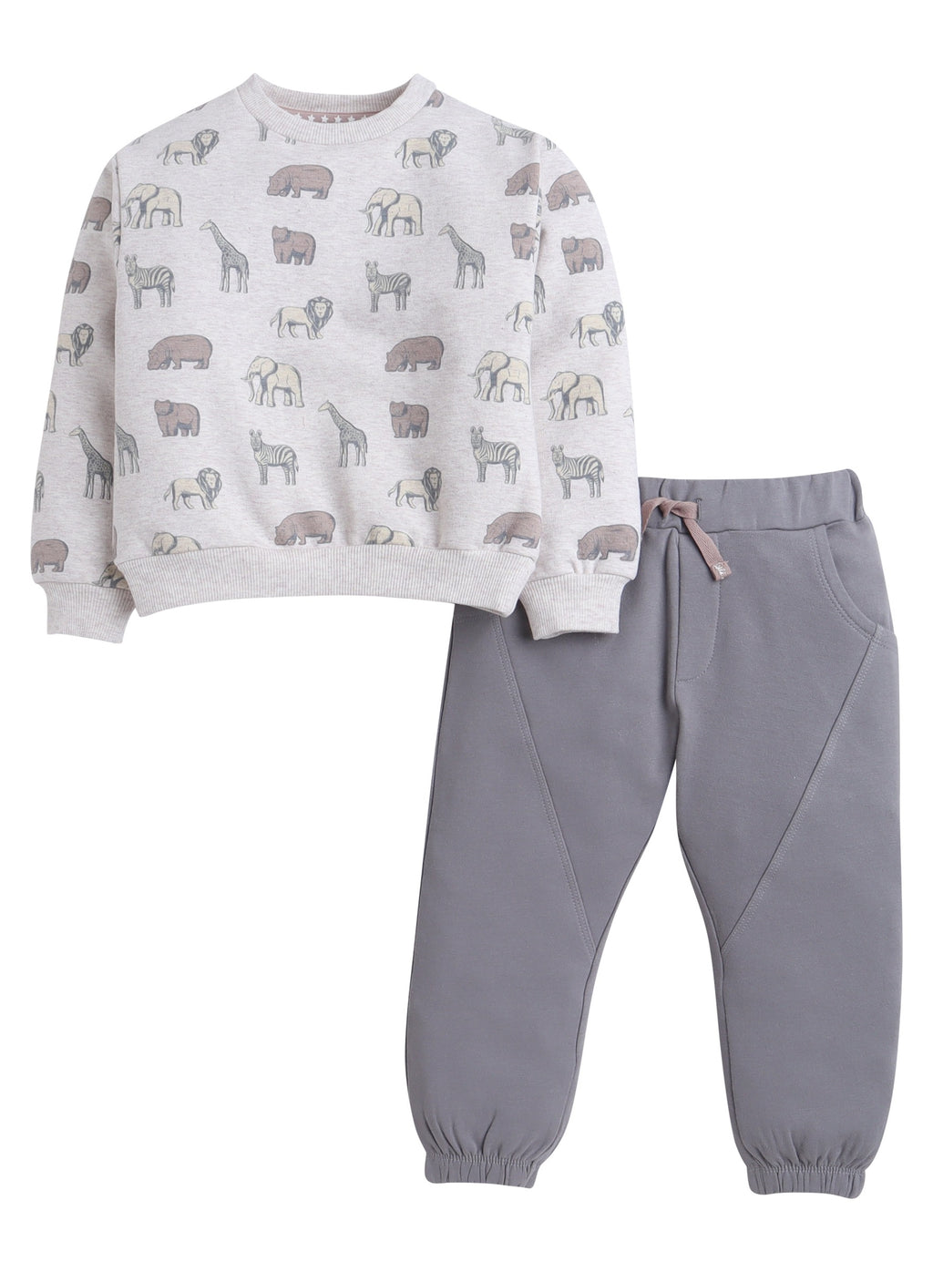 Dirkje Animals Printed Full Sleeves Sweatshirt With Joggers Set - Grey/White