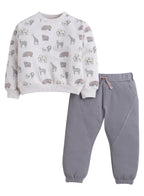 Dirkje Animals Printed Full Sleeves Sweatshirt With Joggers Set - Grey/White