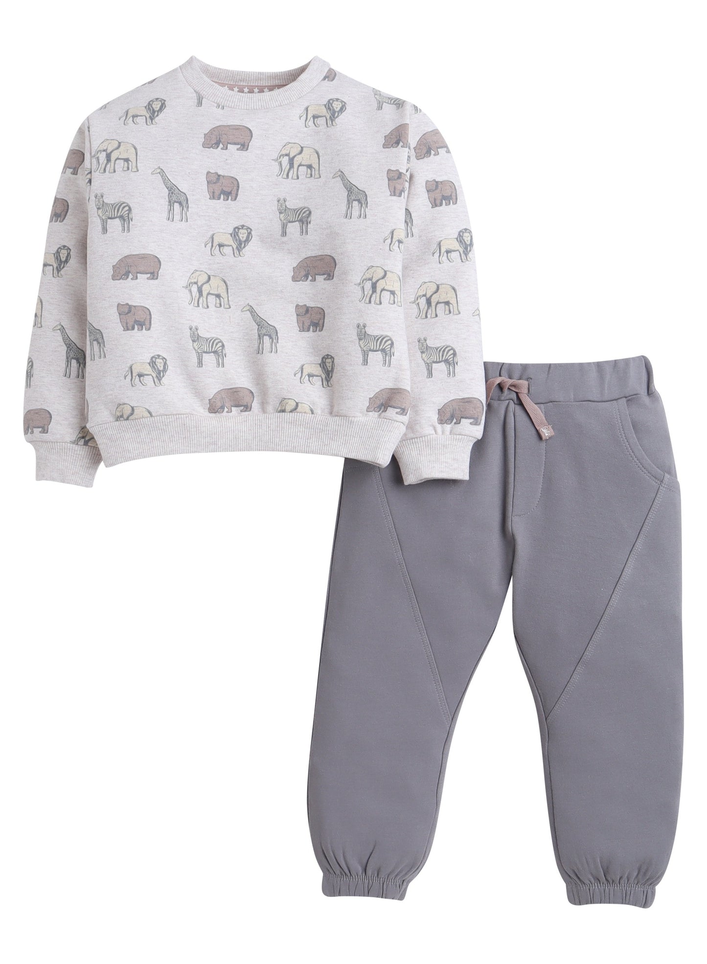 Boys Safari Print Fleece Tracksuit – Sand & Heather Grey 2-Piece Set