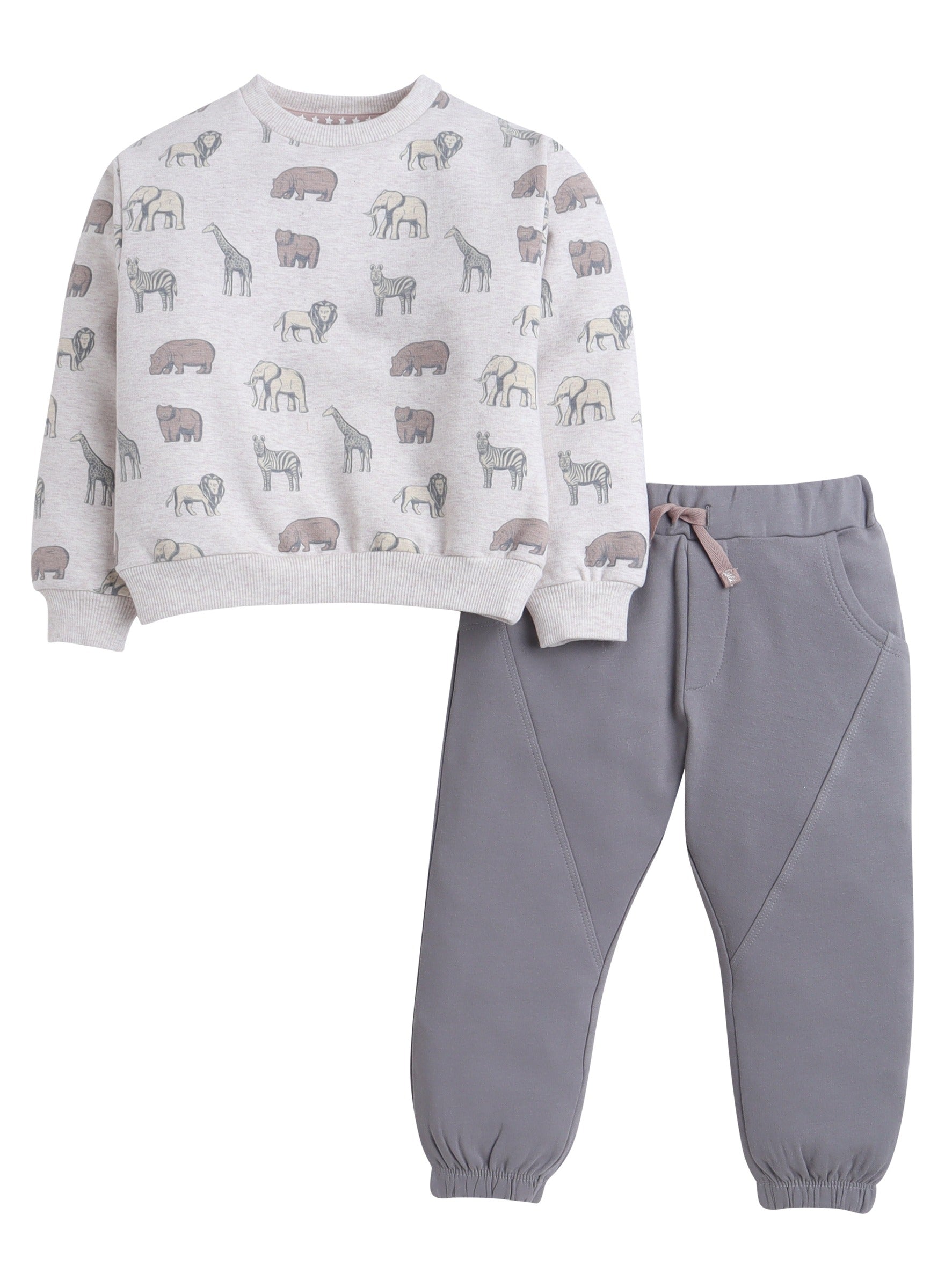 Dirkje Animals Printed Full Sleeves Sweatshirt With Joggers Set - Grey/White